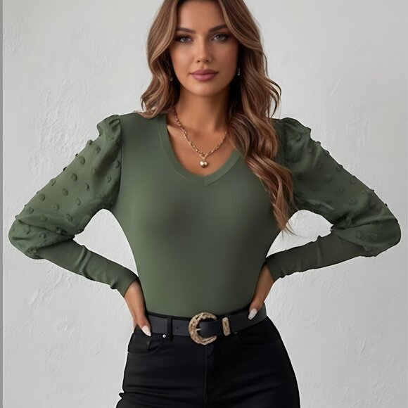 By Design Tops - Green Swiss Dot Ribbed Gigot Sleeve V Neck Top